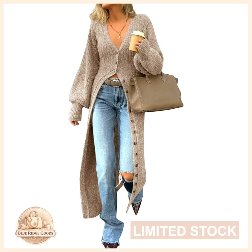 Chunky Knit V-Neck Cardigan Maxi Sweater Dress Button Down Duster Coat